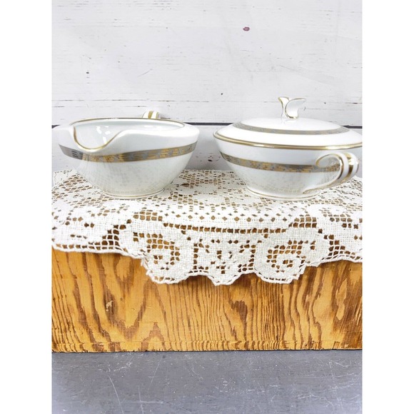 Noritake China Japan Hartford Grey Gold Greek Key Lidded Sugar Bowl And Creamer - Picture 7 of 12